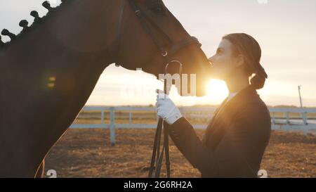 Il proprietario del cavallo Kissing il suo cavallo scuro della baia con amore. Esprimendo il suo amore per lo Stallion. Ragazza che indossa guanti e che tiene briglia di cavallo. Il filmato viene realizzato durante l'ora d'oro. Amore per i cavalli. Foto Stock