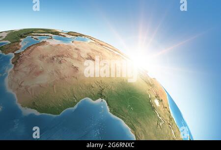 Il sole splende su una vista dettagliata del pianeta Terra, focalizzata sull'Africa. Illustrazione 3D - elementi di questa immagine forniti dalla NASA Foto Stock