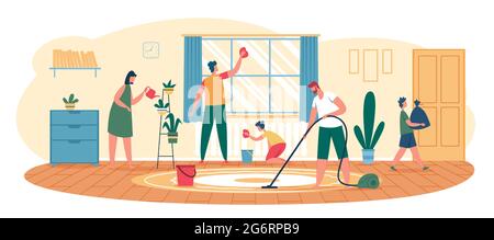 Pulizia familiare a casa. I genitori con i bambini pulendo la finestra, aspirando il pavimento, togliendo i rifiuti. Bambini che aiutano con illustrazione vettoriale di lavoro domestico. Lavoro di squadra in soggiorno, annaffiatura piante Illustrazione Vettoriale
