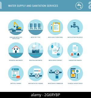 Insieme di icone per la fornitura di acqua e servizi di sanificazione: Fornitore di servizi di trattamento, distribuzione e raccolta delle acque Illustrazione Vettoriale