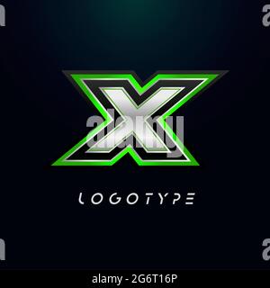 Lettera X per il logo del videogioco e il monogramma super eroe. Emblema di sport gaming, lettera futuristica audace con angoli nitidi e profilo verde. Inclinato affilato Illustrazione Vettoriale