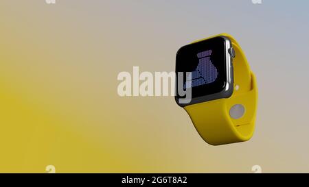 Smart Watch 3d rendering con simbolo di borsa di denaro e lingotti d'oro sul display lcd isolato su sfondo colorato. Vista laterale in basso. Foto Stock