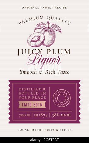 Ricetta di famiglia Liquore di prugne etichetta di Acohol. Layout di progettazione di packaging vettoriale astratto. Modern Typography Banner con Logo di silhouette di frutta disegnata a mano e. Illustrazione Vettoriale