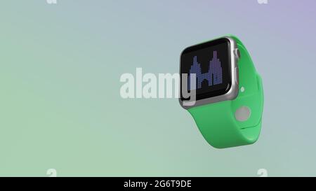 Smart Watch 3d rendering con il simbolo della torre gemella Petronas sul display lcd isolato su sfondo colorato. Vista laterale in basso. Foto Stock