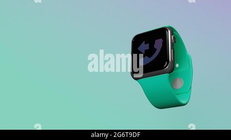 Smart Watch 3d rendering con il simbolo delle cuffie con la freccia in arrivo sul display lcd isolato su sfondo colorato. Vista laterale in basso. Foto Stock