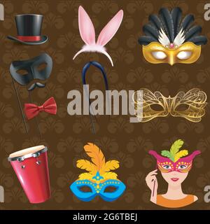 Set trasparente di adesivi isolati maschere e cappelli con baffi e occhiali. Illustrazione Vettoriale
