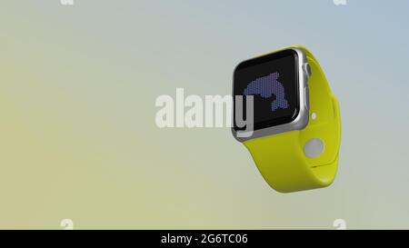 Smart Watch 3d rendering con simbolo di delfino in mare o oceano su display lcd isolato su sfondo colorato. Vista laterale in basso. Foto Stock