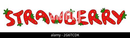 Word Strawberry design con frutti di fragola a forma di lettere fresco cartoon font illustrazione vettoriale Illustrazione Vettoriale