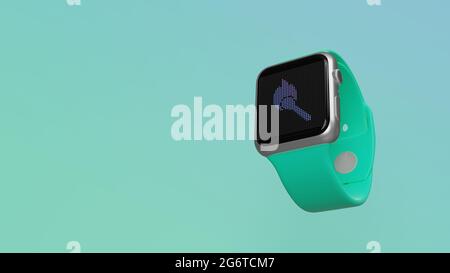 Smart Watch 3d rendering con simbolo di corrispondenza di masterizzazione sul display lcd isolato su sfondo colorato. Vista laterale in basso. Foto Stock