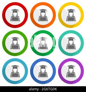 Studente con computer portatile, computer, icone vettoriali per l'istruzione, set di pulsanti colorati dal design piatto per applicazioni di webdesign e mobili Illustrazione Vettoriale