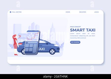 Landing page della donna ordinare servizio taxi tramite app mobile online su smartphone con navigazione mappa della città e posizione del punto di riferimento. Immagine vettoriale illustratio Illustrazione Vettoriale