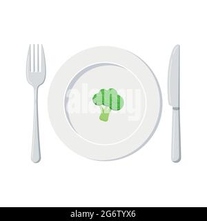 Broccoli su piastra bianca con coltello e forchetta isolati su fondo bianco. Illustrazione Vettoriale