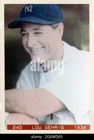 Carta fotografica/da baseball antica di Lou Gehrig con i New York Yankees circa 1932 Foto Stock