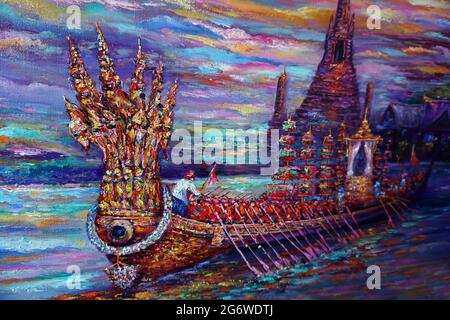 Pittura d'arte chiatta reale Tailandia, King's Vehicle Foto Stock