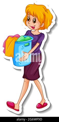 Una mascherina adesiva con una donna che tiene l'illustrazione del cestino dei vestiti Illustrazione Vettoriale