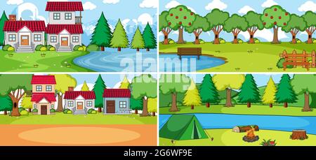 Insieme di diverse scene natura illustrazione stile cartoon Illustrazione Vettoriale