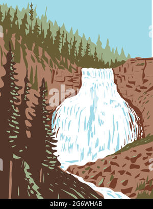 Poster WPA delle Cascate Rustic a Glen Creek all'interno del Parco Nazionale di Yellowstone, Wyoming, Stati Uniti d'America fatto nell'amministrazione di progetti di lavori Illustrazione Vettoriale