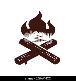 Logo Campfire per Camping Sport, Emblem, Hobby. Illustrazione vettoriale. Disegno di montagna d'epoca Illustrazione Vettoriale