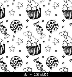 Motivo senza cuciture disegnato a mano con caramelle e cupcake. Illustrazione vettoriale nello stile di schizzo Illustrazione Vettoriale