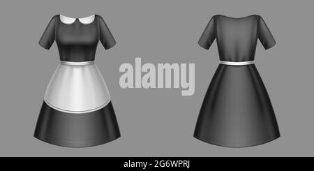 Abito da cameriera in uniforme nero con colletto bianco e grembiule vista frontale e posteriore. Servizio di pulizia abbigliamento per ragazze, servizio di pulizia femminile design di indumenti, rappresentazione vettoriale 3d realistica Illustrazione Vettoriale