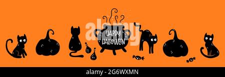 Divertenti gatti disegnati a mano, cute halloween design, grande come sfondo, tessuti, striscioni, sfondi, wrapping - disegno vettoriale Illustrazione Vettoriale