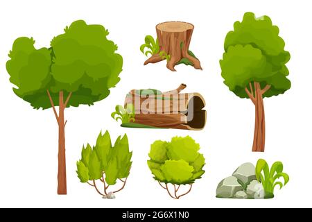 Foresta elementi natura paesaggio insieme con albero, moncone, vecchio tronco, cespuglio, mucchio di pietra e muschio in stile cartone animato isolato su sfondo bianco. Risorse dell'interfaccia utente, per illustrazioni vettoriali dell'interfaccia di gioco dei computer. Illustrazione vettoriale Illustrazione Vettoriale