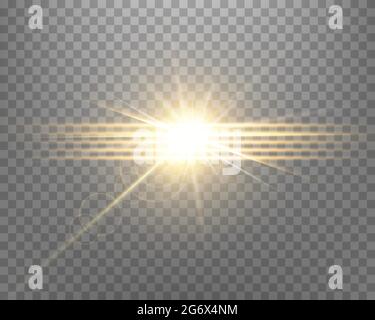Luce solare, luce solare lampeggiante con raggi e faretto. Oro incandescente esplosione scoppiata su uno sfondo trasparente. Illustrazione vettoriale. Illustrazione Vettoriale