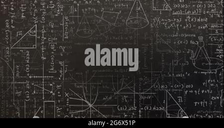 Immagine digitale di equazioni matematiche e diagrammi che si muovono su sfondo nero Foto Stock