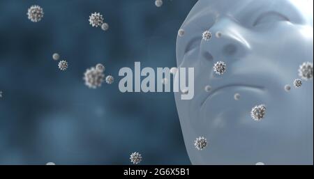 Immagine di macro coronavirus Covid-19 cellule che galleggiano su un volto 3D uomo su sfondo blu Foto Stock