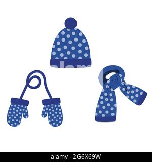 set di cappello, sciarpa, mittens di colore blu con punti polka blu, inverno. vettore isolato su sfondo bianco Illustrazione Vettoriale