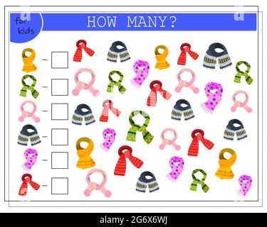Math game per bambini. Contare quante sciarpe ci sono. Vettore isolato su uno sfondo bianco Illustrazione Vettoriale