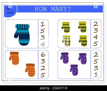 Math game per bambini. Contare quanti mittens. Vettore isolato su uno sfondo bianco Illustrazione Vettoriale