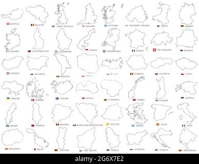 Grande insieme vettoriale di tutti gli stati europei, linee di paesi, mappe lineari sottili isolate su sfondo bianco. Illustrazione modificabile e dettagliata delle mappe europee Illustrazione Vettoriale