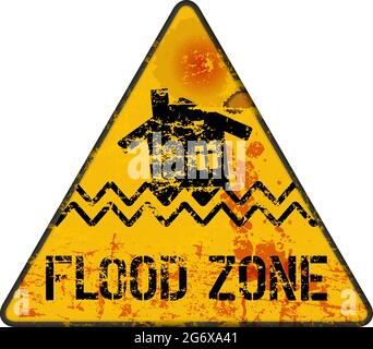 segnale di avvertimento zona di inondazione, cambiamento climatico, inondazione, concetto di allagamento, illustrazione vettoriale, stile grugnoso Illustrazione Vettoriale