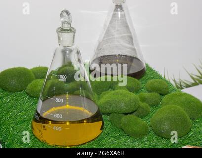 Essenza generica dell'olio in un ambiente naturale di muschio e fondo bianco Foto Stock