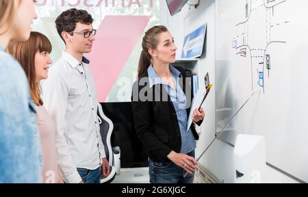 Classe in scuola guida che analizza la situazione complessa del traffico sulla lavagna bianca, il gruppo in piedi intorno all'insegnante Foto Stock