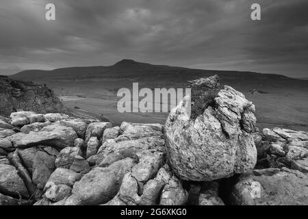 La vista verso Ingleborough su un pavimento in pietra calcarea conosciuto come Twistleton Scars, vicino a Ingleton nello Yorkshire Dales, North Yorkshire, Regno Unito Foto Stock