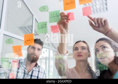 Visione a basso angolo di giovani lavoratori affidabili che inviano promemoria sul muro trasparente di un ufficio, accanto al loro collega in un moderno spazio di lavoro Foto Stock