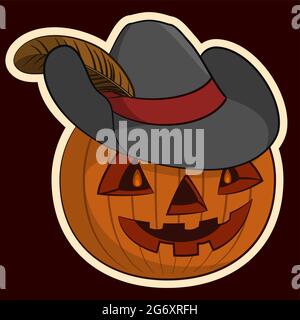 Halloween Holiday Symbol, Pumpkin o Lanterna nel cappello con una Plume, isolato su sfondo bianco. Vettore Illustrazione Vettoriale