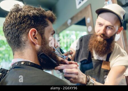 Close-up vista laterale della testa di un uomo giovane e le mani di un abile parrucchiere, rifilatura della sua barba con Pettine e forbici in un luogo fresco e parrucchiere Foto Stock