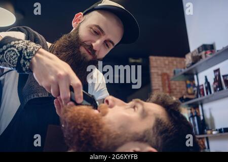 Side view close-up of the head of a redhead young man and the hand of a skilled barber, trimming his beard with an electric trimmer in a trendy hair s Stock Photo