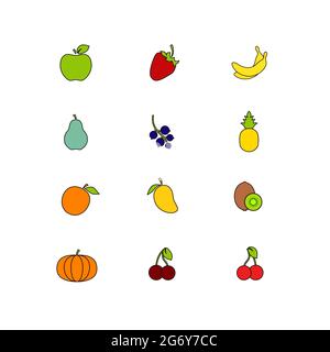 Set di frutta. Raccolta di alimenti sani. Stile piatto con illustrazione della corsa. Icone di frutta e bacche diverse. Vettore isolotato su sfondo bianco Illustrazione Vettoriale