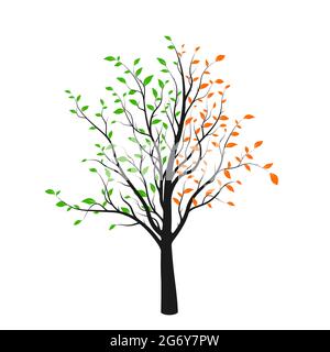 Profilo astratto dell'albero con foglie verdi e rosse isolate su sfondo bianco. Logo Vibrant Tree. Illustrazione vettoriale Illustrazione Vettoriale