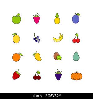 Set di frutta isolotata su sfondo bianco. Raccolta di alimenti sani. Stile piatto con illustrazione della corsa. Icone di frutta e bacche diverse. Vettore Illustrazione Vettoriale