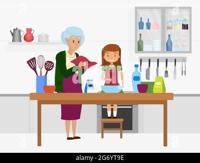 Felice famiglia cucinare cibo insieme illustrazione vettoriale. Cartoon nonna e nipote personaggi cucinare in casa cucina interna sala, nonna tenendo libro di ricette, ragazza con sfondo whisk Illustrazione Vettoriale