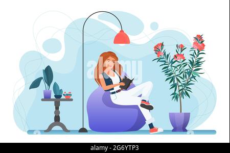 Ragazza che legge libro a casa illustrazione vettoriale. Cartoon giovane donna seduta in moderna poltrona accogliente sotto lampada per leggere il libro da libreria o biblioteca, week-end relax da solo isolato su bianco Illustrazione Vettoriale