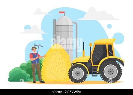 Contadino persone lavoro in villaggio, grano raccolto agricoltura tecnologia vettore illustrazione. Cartone animato uomo anziano felice personaggio lavoratore portatore di Pitchfork, in piedi vicino fattoria silo serbatoio di stoccaggio e trattore Illustrazione Vettoriale