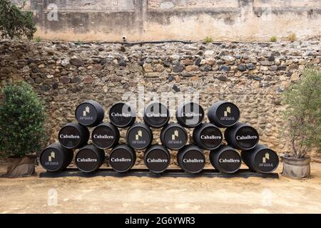 El Puerto de Santa Maria, Cadice, Spagna - 15 giugno 2021: Esposizione di barili di Caballero nel castello di San Marcos. Nelle cantine 'Gonzalez Byass', è Foto Stock