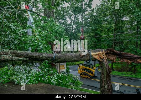 Milford, Stati Uniti. 09 luglio 2021. Un lavoratore rimuove un albero che è caduto su una casa a Milford dopo una forte tempesta causata dalla tempesta tropicale Elsa ha colpito la zona. Danni da tempesta tropicale Elsa colpire gli stati medio-atlantici Giovedi notte e Venerdì mattina. Credit: SOPA Images Limited/Alamy Live News Foto Stock