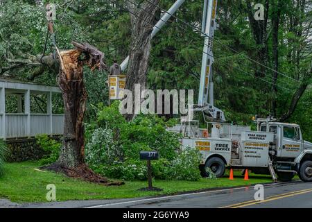 Milford, Stati Uniti. 09 luglio 2021. Un lavoratore rimuove un albero che è caduto su una casa a Milford dopo una forte tempesta causata dalla tempesta tropicale Elsa ha colpito la zona. Danni da tempesta tropicale Elsa colpire gli stati medio-atlantici Giovedi notte e Venerdì mattina. Credit: SOPA Images Limited/Alamy Live News Foto Stock